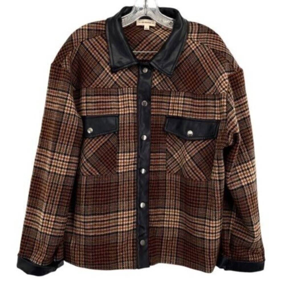 Ee:Some Houndstooth Plaid Shacket Jacket Faux Lea… - image 1
